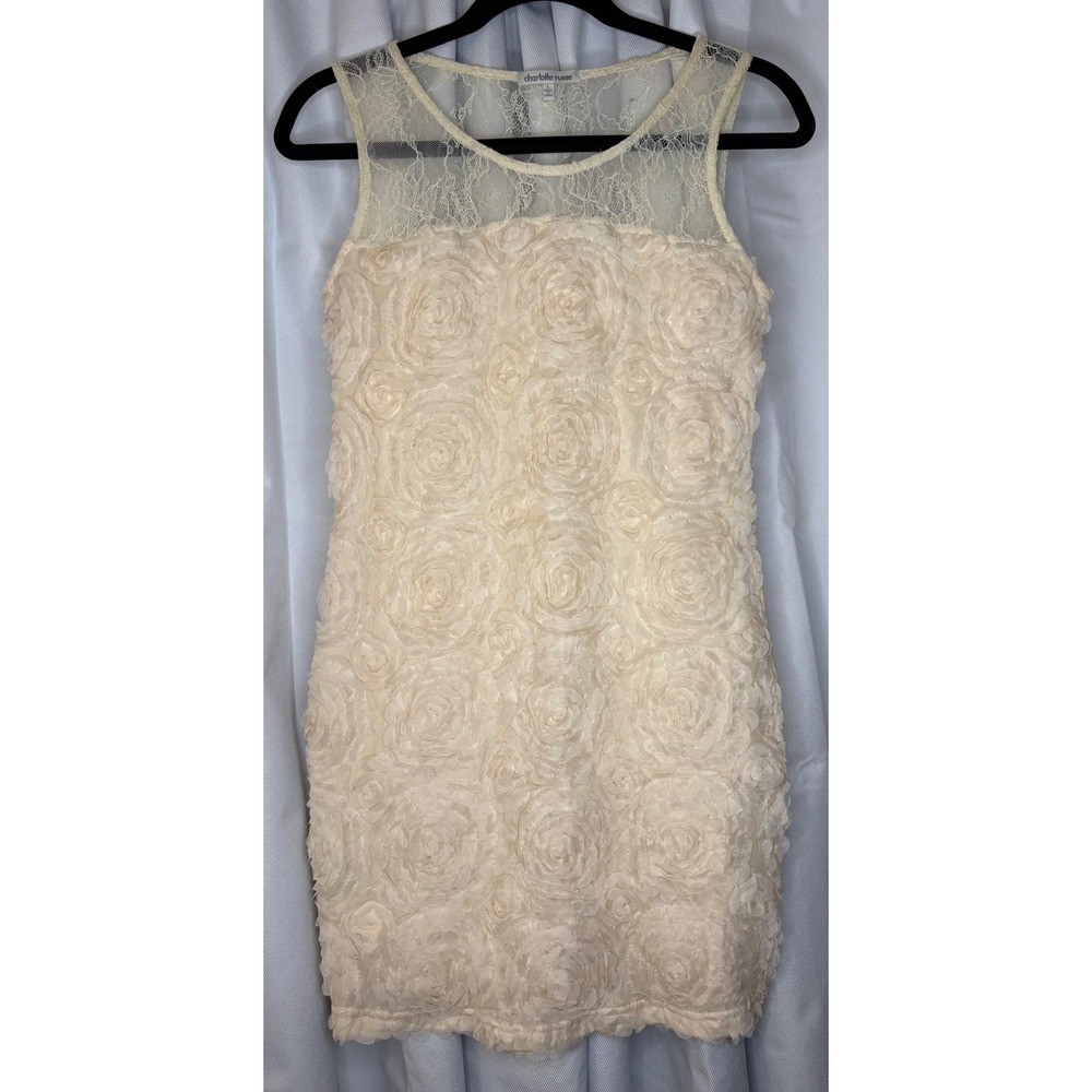 Vintage Charlotte Russe Y2K Rosette Lace Mini Dress Cream Coquette Bridal